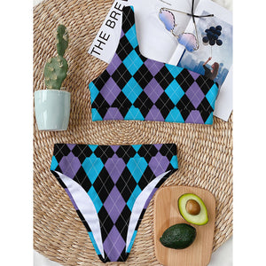 Purple Black And Blue Argyle Print One Shoulder Bikini Top