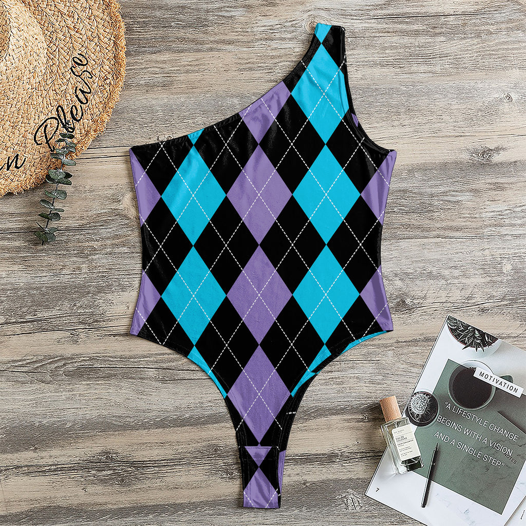 Purple Black And Blue Argyle Print One Shoulder Bodysuit