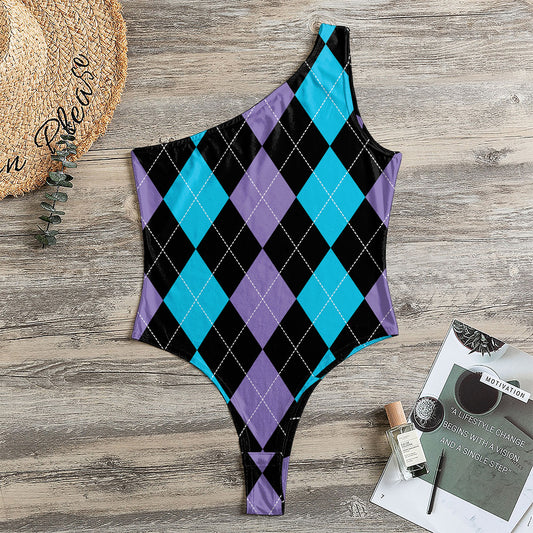 Purple Black And Blue Argyle Print One Shoulder Bodysuit