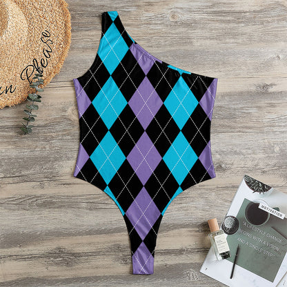 Purple Black And Blue Argyle Print One Shoulder Bodysuit