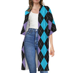 Purple Black And Blue Argyle Print Open Front Beach Cover Up