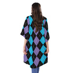 Purple Black And Blue Argyle Print Open Front Beach Cover Up