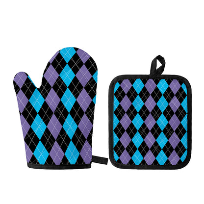 Purple Black And Blue Argyle Print Oven Mitt And Pot Holder Set