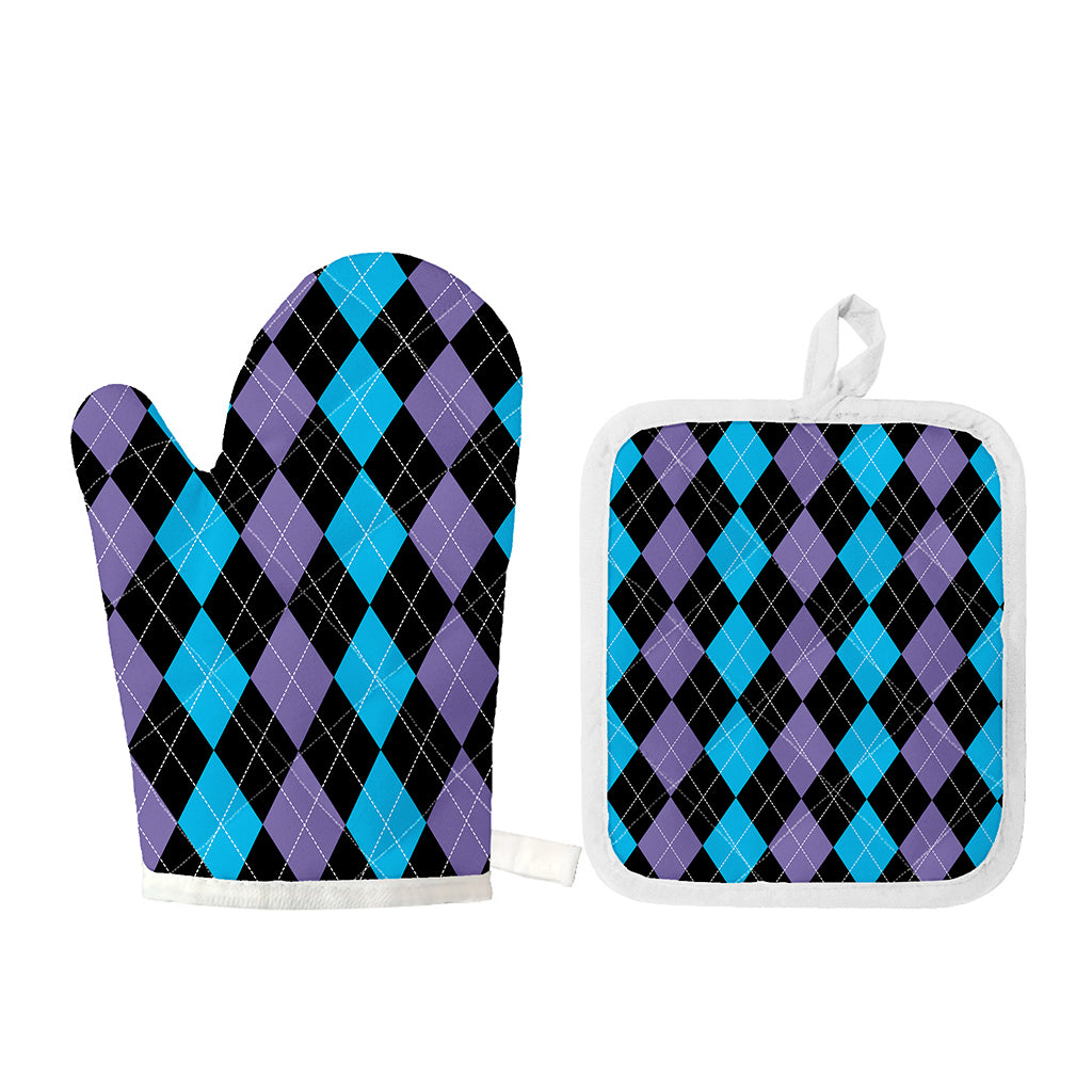 Purple Black And Blue Argyle Print Oven Mitt And Pot Holder Set