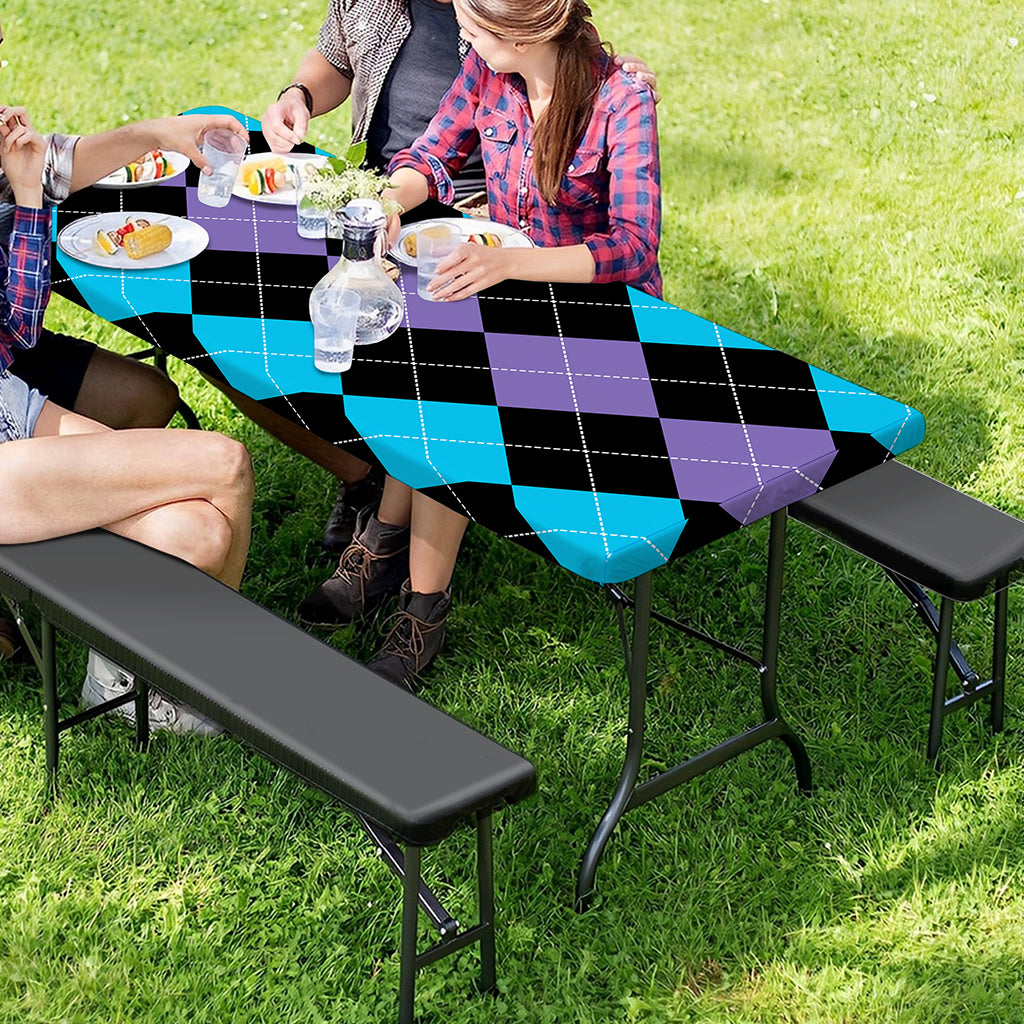 Purple Black And Blue Argyle Print Picnic Table Cover