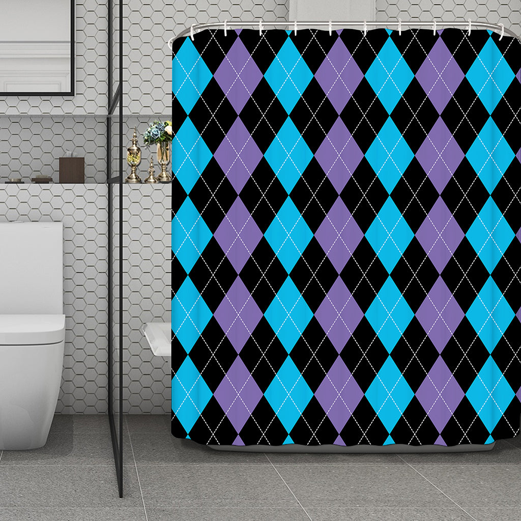 Purple Black And Blue Argyle Print Polyester Shower Curtain