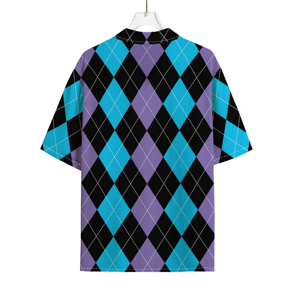 Purple Black And Blue Argyle Print Rayon Hawaiian Shirt