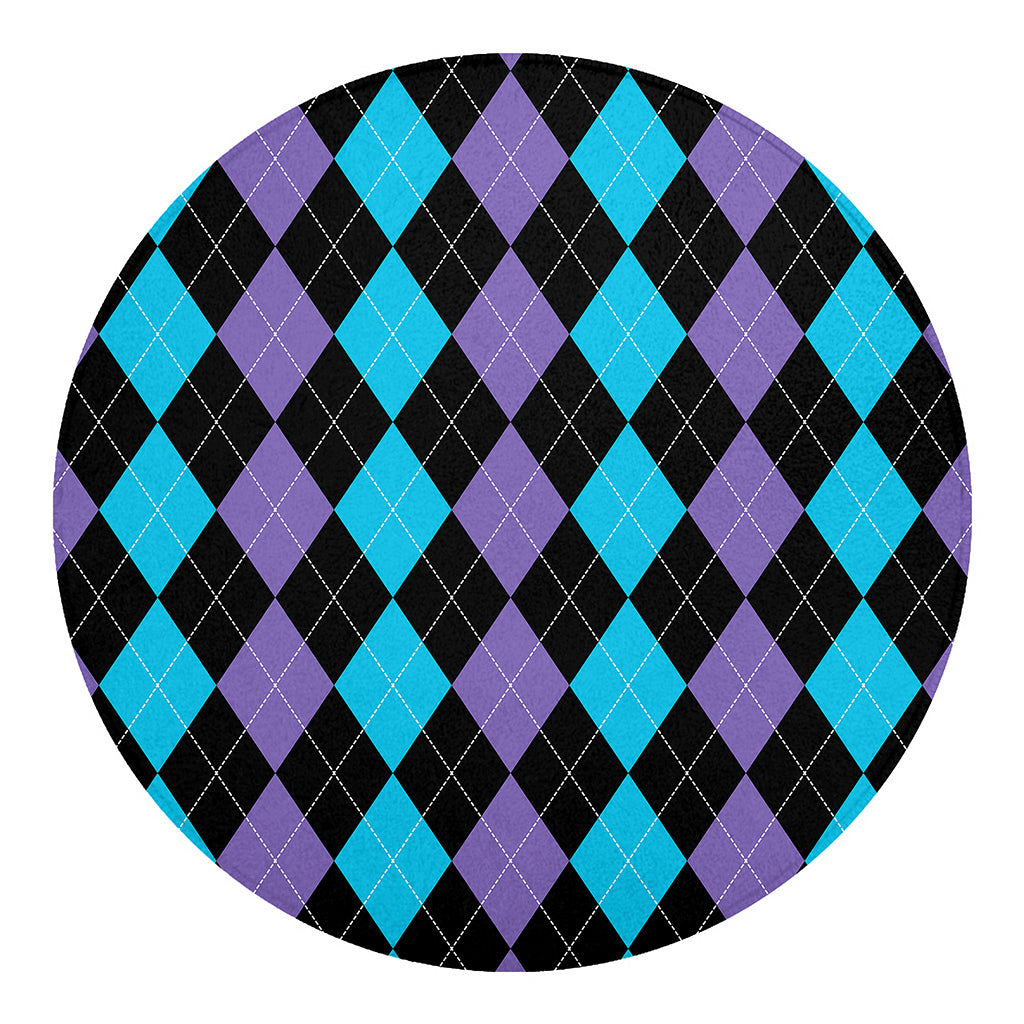 Purple Black And Blue Argyle Print Round Blanket