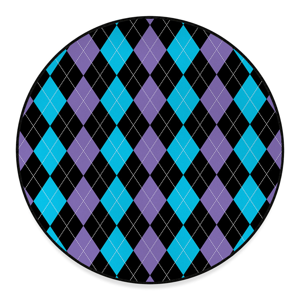 Purple Black And Blue Argyle Print Round Floor Mat