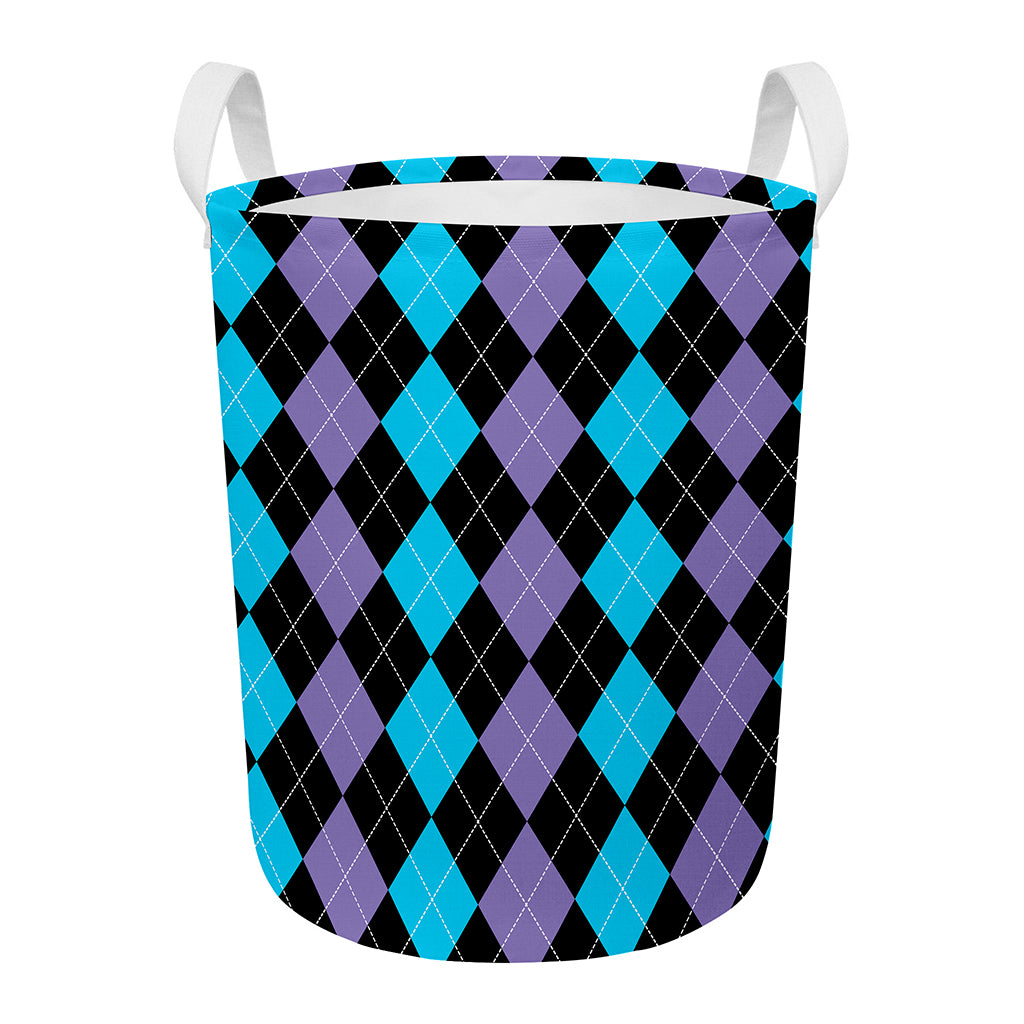 Purple Black And Blue Argyle Print Round Laundry Basket