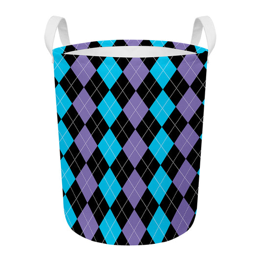 Purple Black And Blue Argyle Print Round Laundry Basket