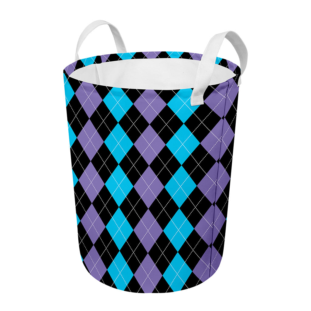 Purple Black And Blue Argyle Print Round Laundry Basket