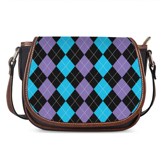 Purple Black And Blue Argyle Print Saddle Bag