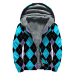 Purple Black And Blue Argyle Print Sherpa Lined Zip Up Hoodie