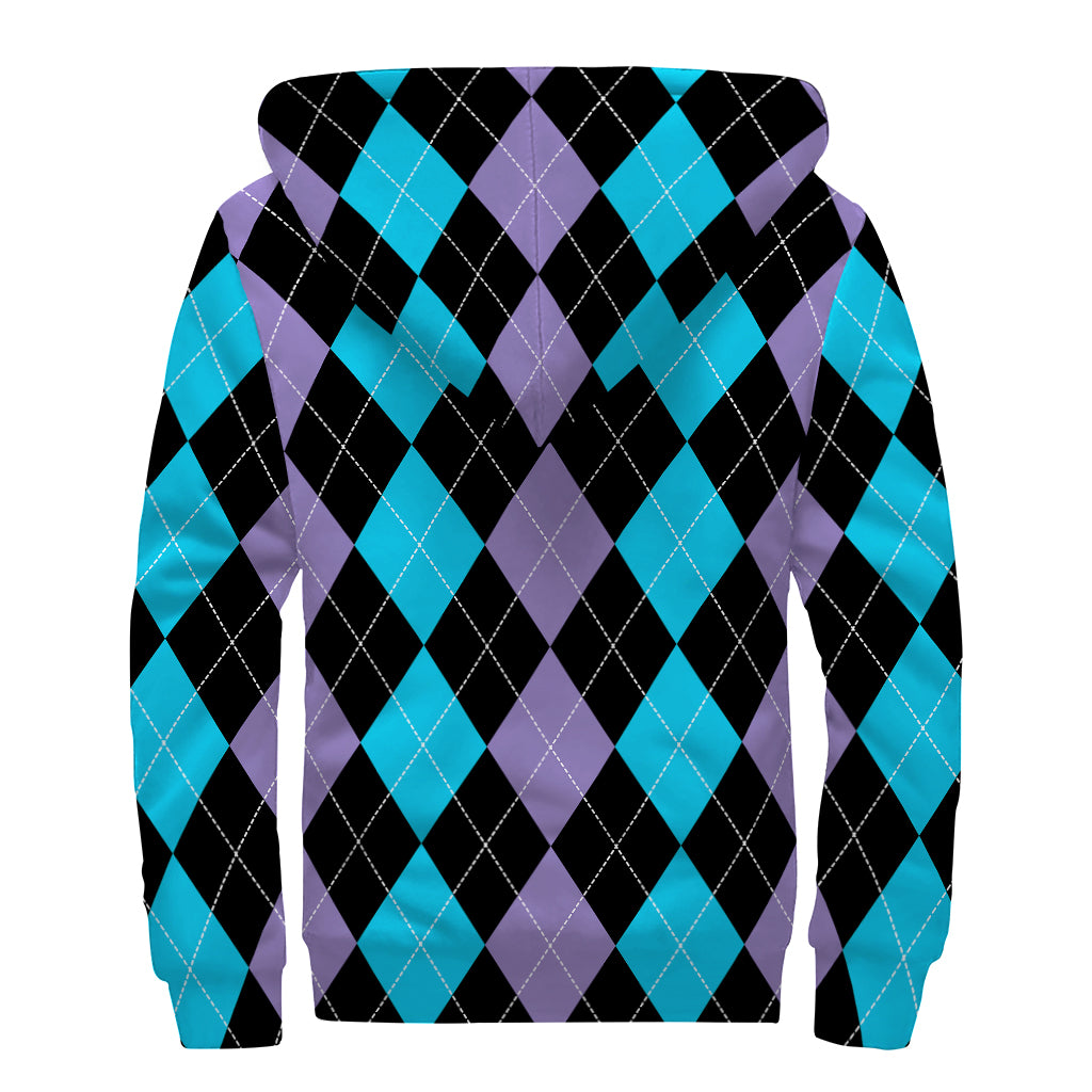 Purple Black And Blue Argyle Print Sherpa Lined Zip Up Hoodie