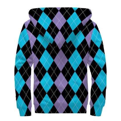 Purple Black And Blue Argyle Print Sherpa Lined Zip Up Hoodie