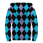 Purple Black And Blue Argyle Print Sherpa Lined Zip Up Hoodie