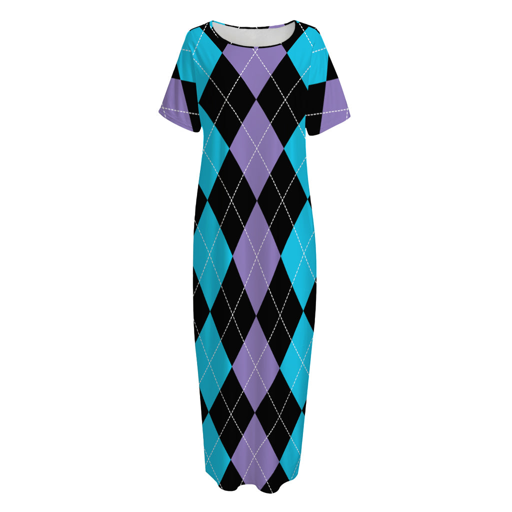 Purple Black And Blue Argyle Print Short Sleeve Long Nightdress