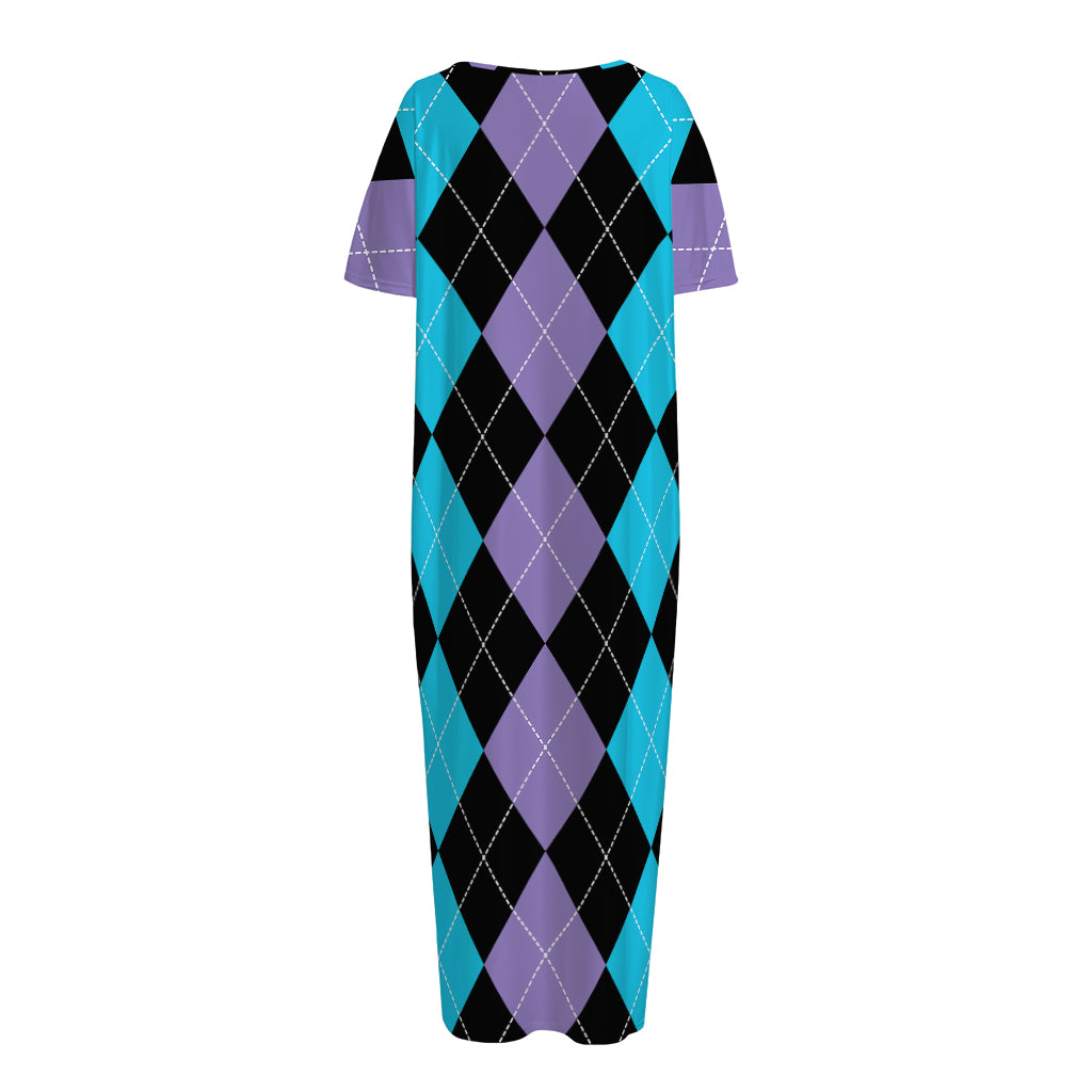 Purple Black And Blue Argyle Print Short Sleeve Long Nightdress