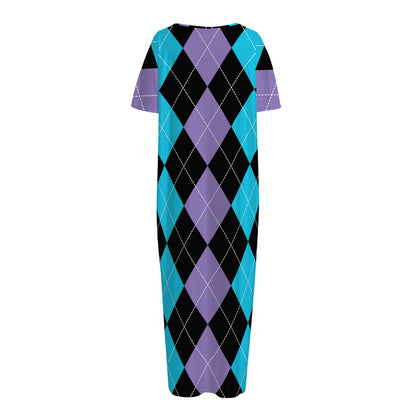 Purple Black And Blue Argyle Print Short Sleeve Long Nightdress