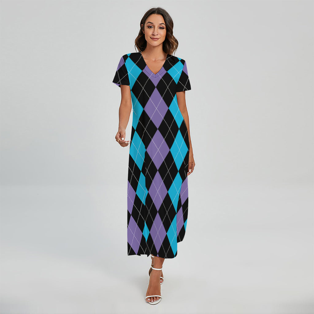 Purple Black And Blue Argyle Print Short Sleeve Maxi Dress