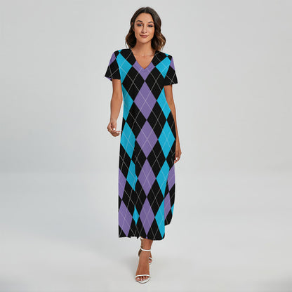 Purple Black And Blue Argyle Print Short Sleeve Maxi Dress