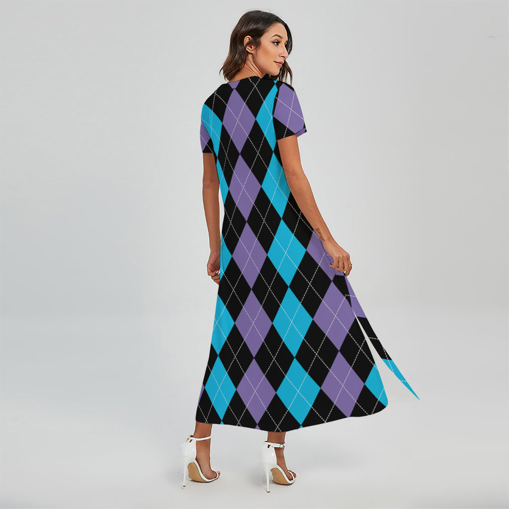 Purple Black And Blue Argyle Print Short Sleeve Maxi Dress