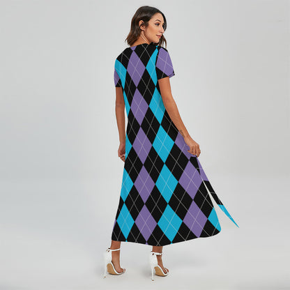 Purple Black And Blue Argyle Print Short Sleeve Maxi Dress