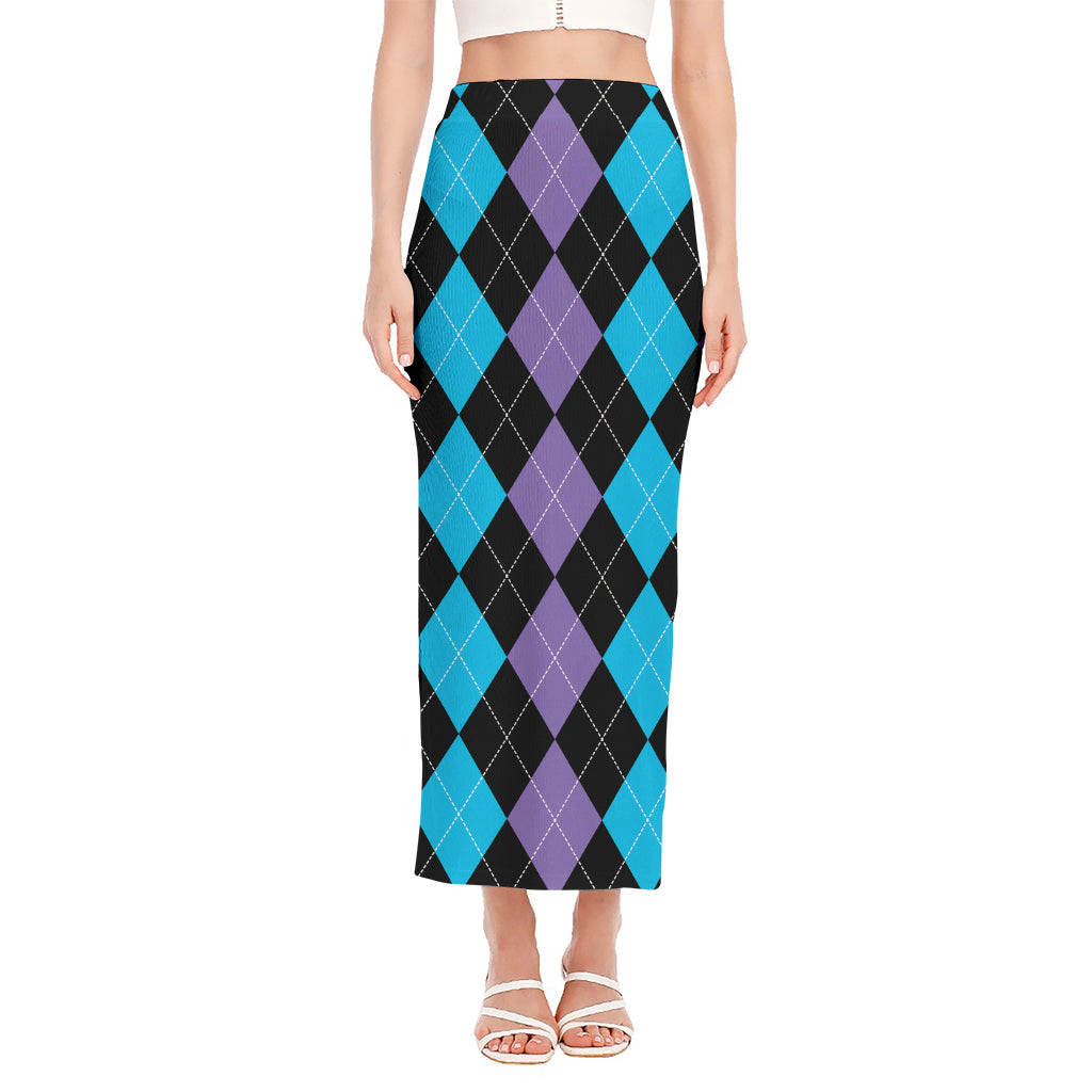 Purple Black And Blue Argyle Print Side Slit Maxi Skirt