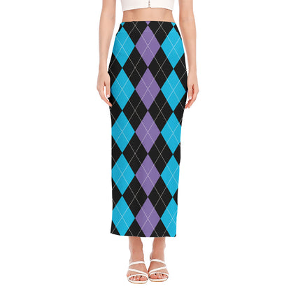 Purple Black And Blue Argyle Print Side Slit Maxi Skirt