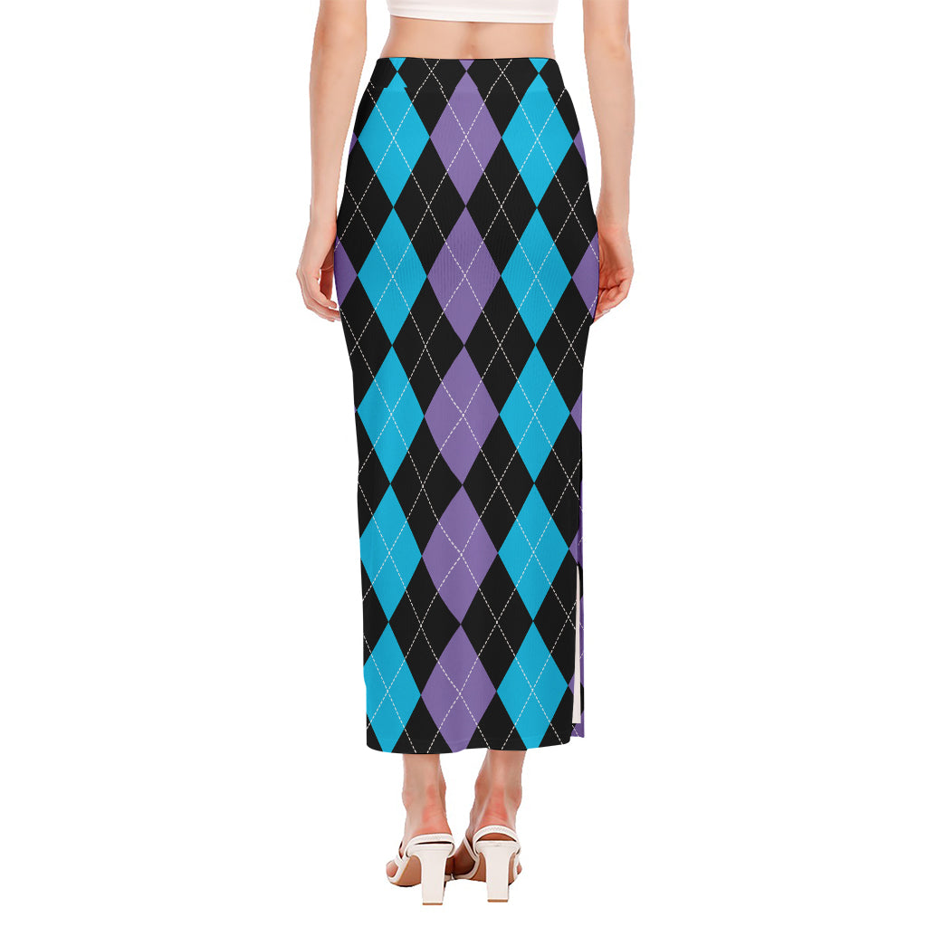 Purple Black And Blue Argyle Print Side Slit Maxi Skirt