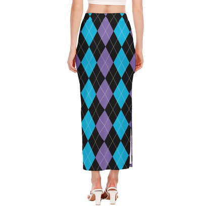 Purple Black And Blue Argyle Print Side Slit Maxi Skirt
