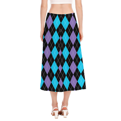 Purple Black And Blue Argyle Print Side Slit Midi Skirt