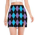 Purple Black And Blue Argyle Print Side Slit Mini Skirt
