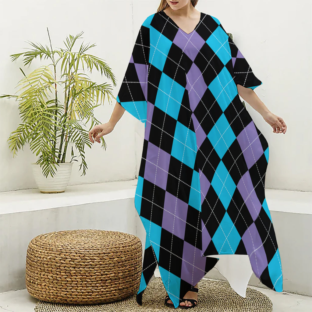 Purple Black And Blue Argyle Print Silk V-Neck Kaftan Dress