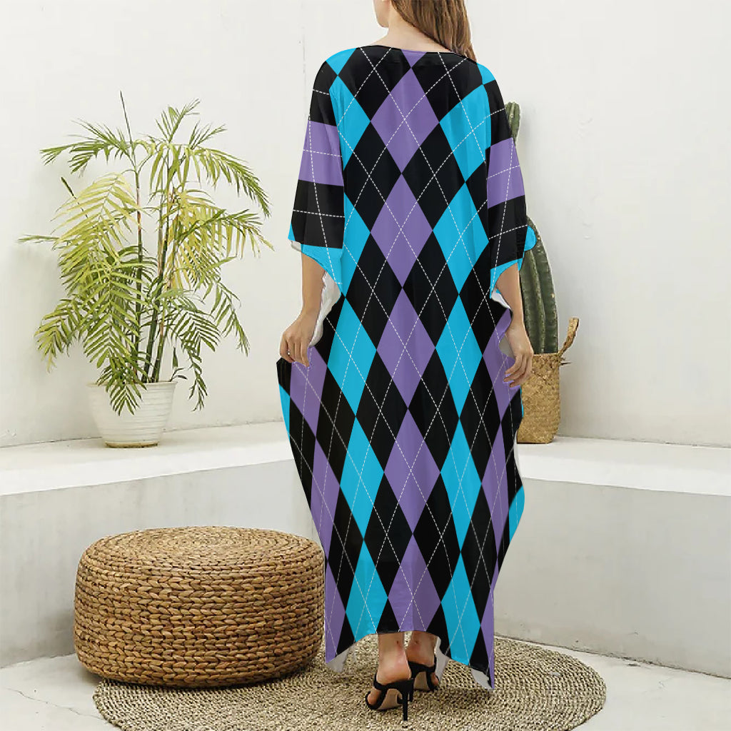 Purple Black And Blue Argyle Print Silk V-Neck Kaftan Dress