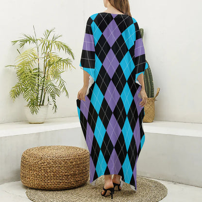 Purple Black And Blue Argyle Print Silk V-Neck Kaftan Dress