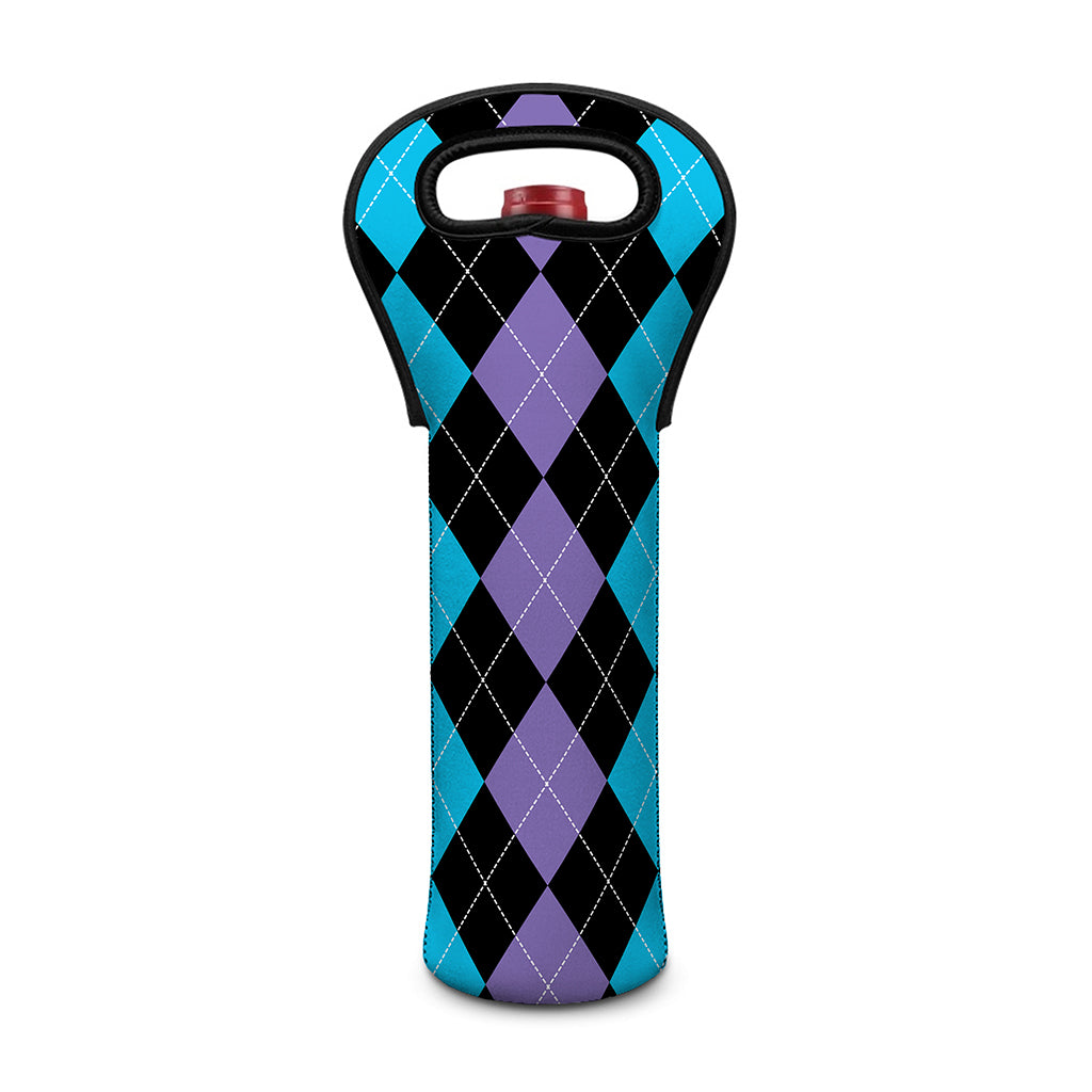 Purple Black And Blue Argyle Print Single Neoprene Wine Tote
