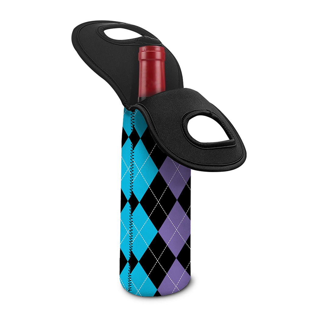 Purple Black And Blue Argyle Print Single Neoprene Wine Tote