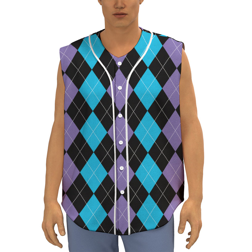 Purple Black And Blue Argyle Print Sleeveless Baseball Jersey
