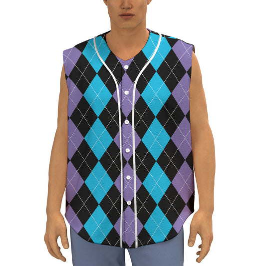 Purple Black And Blue Argyle Print Sleeveless Baseball Jersey