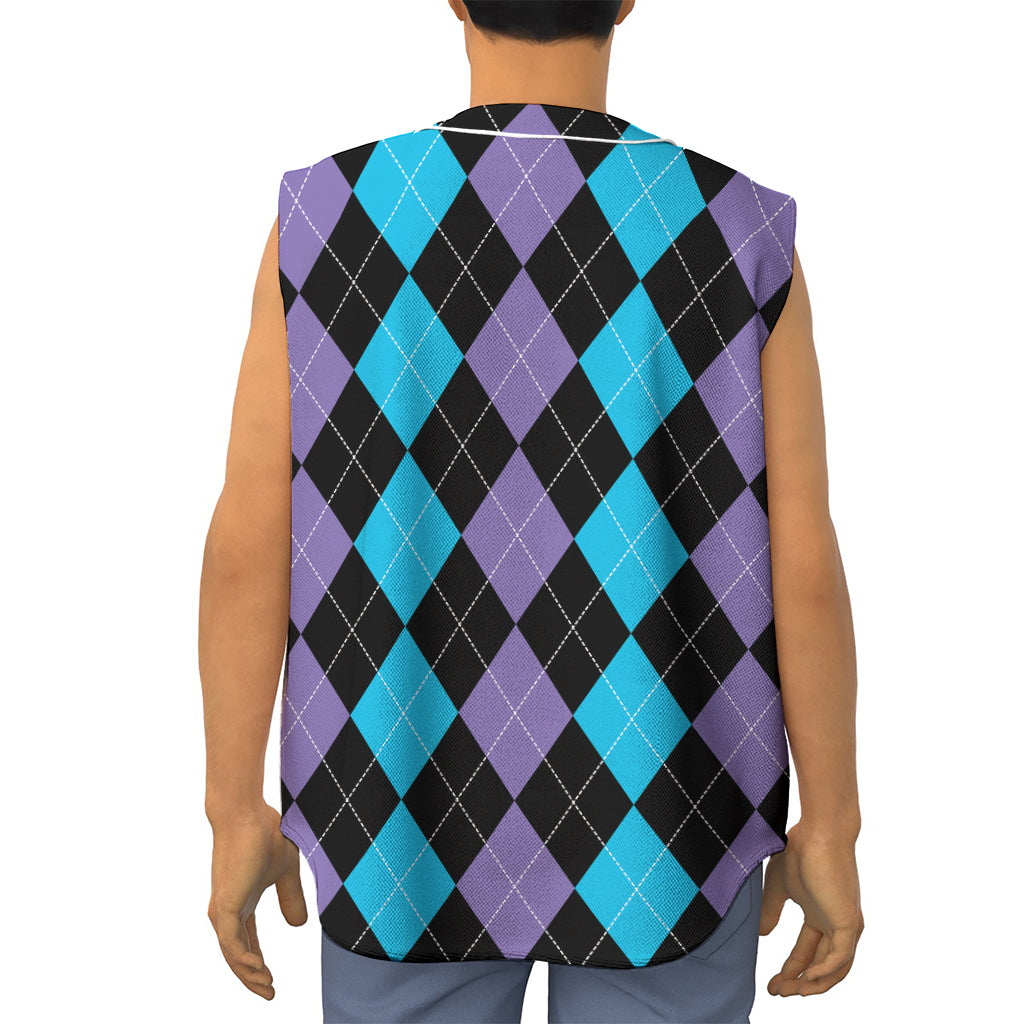 Purple Black And Blue Argyle Print Sleeveless Baseball Jersey