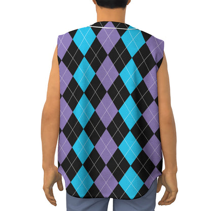 Purple Black And Blue Argyle Print Sleeveless Baseball Jersey