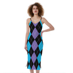 Purple Black And Blue Argyle Print Slim Fit Midi Cami Dress