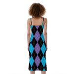 Purple Black And Blue Argyle Print Slim Fit Midi Cami Dress