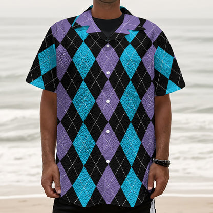 Purple Black And Blue Argyle Print Textured Short Sleeve Shirt