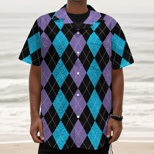 Purple Black And Blue Argyle Print Textured Short Sleeve Shirt