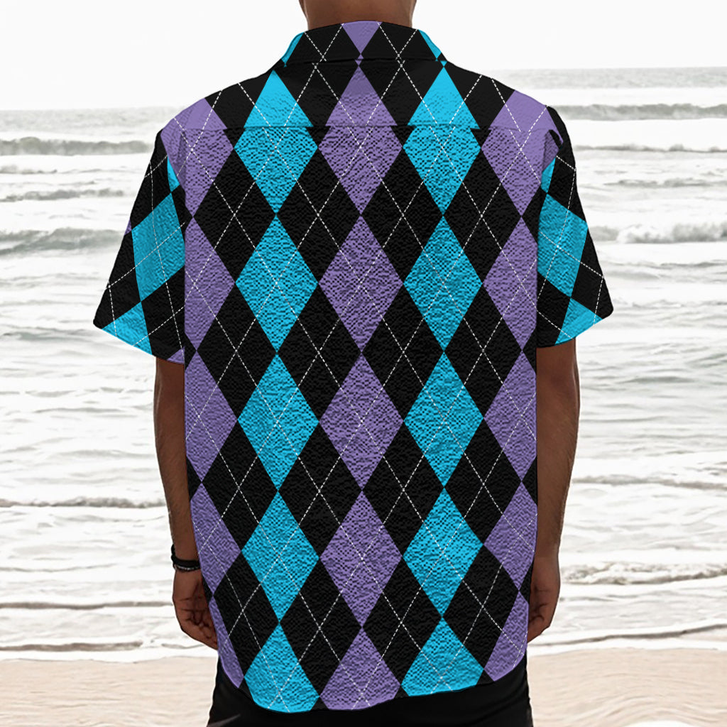 Purple Black And Blue Argyle Print Textured Short Sleeve Shirt