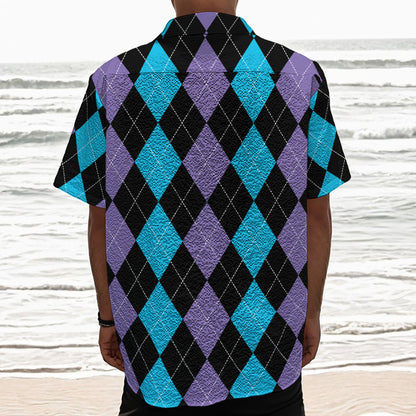 Purple Black And Blue Argyle Print Textured Short Sleeve Shirt