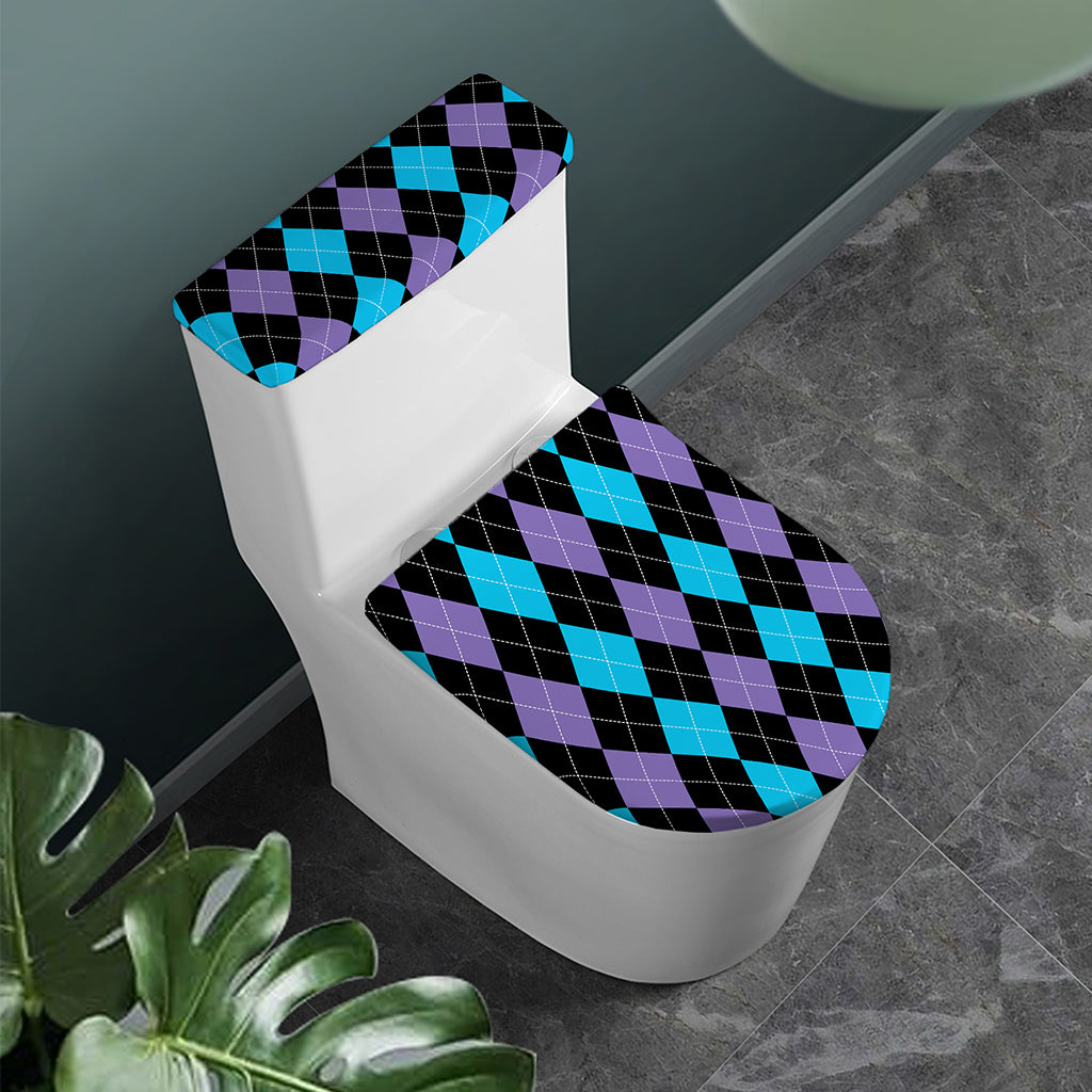Purple Black And Blue Argyle Print Toilet Lid And Tank Cover Set